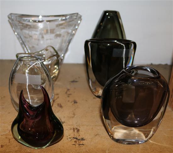 Seven modern glass vases, including two Orrefors